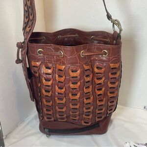 Vintage Woven Leather Bucket Bag shoulder faux leather braided. Used. Worn rubs.